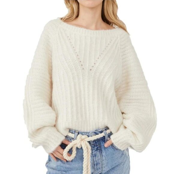 Free People Carter Sweater Ivory Pullover Balloon Sleeves Cuddly Oversized Sz LG - Picture 6 of 9
